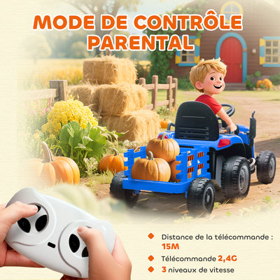 Tracteur électrique enfants avec remorque amovible, voiture électrique enfants, télécommande 2,4G, 139x58x55cm, bleu