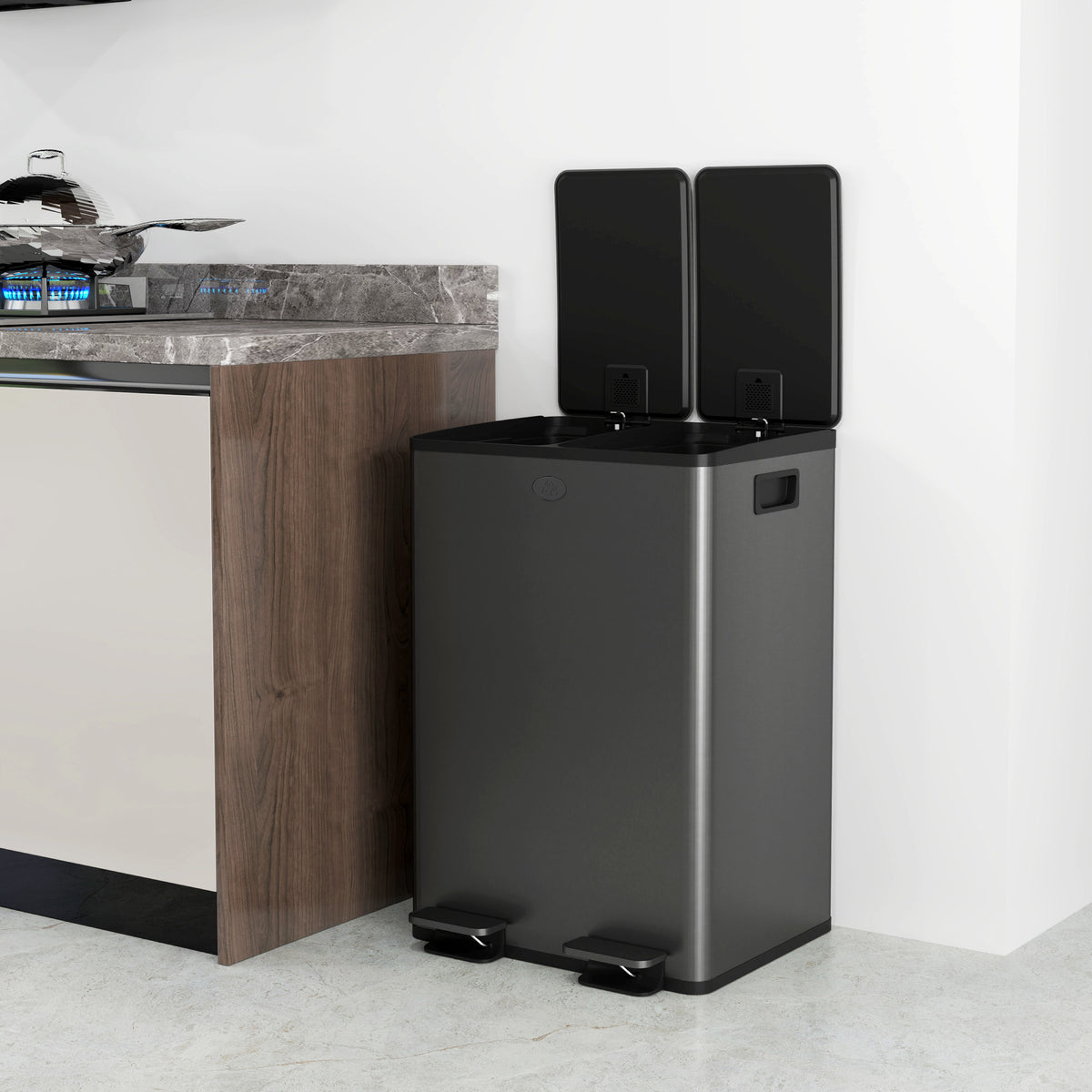 Poubelle de cuisine 2 compartiments de 2 x 28L, acier inoxydable, couvercle à fermeture douce, 45,8x36x67,6cm, noir Aosom