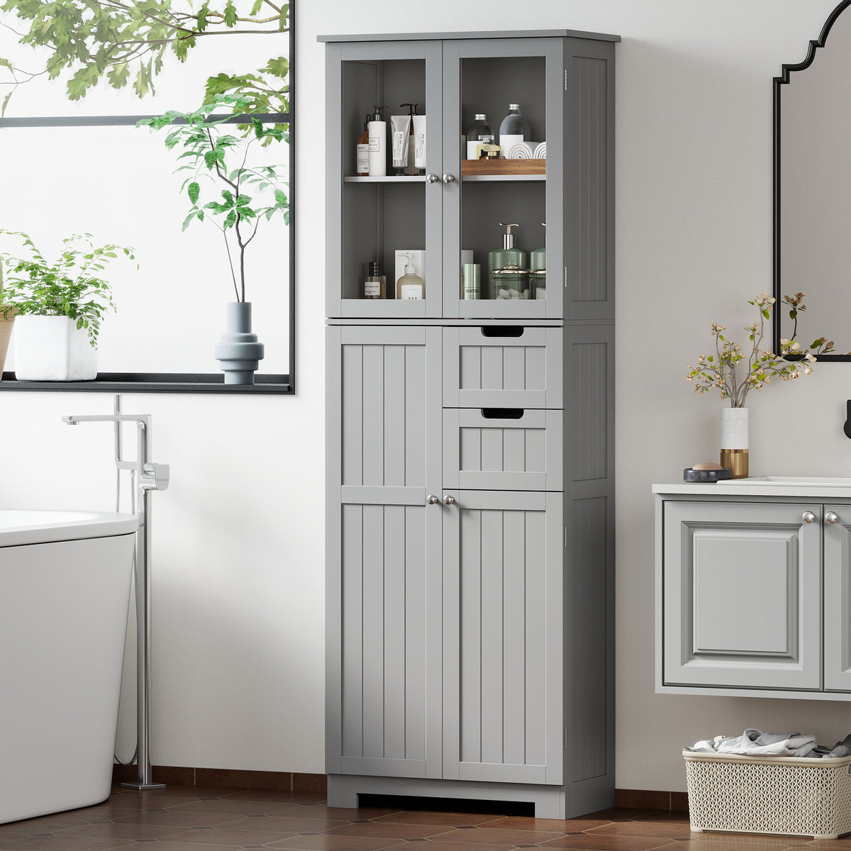 Meuble de salle de bain haut, meuble de rangement avec 4 portes dont 2 vitrées, 2 tiroirs et étagères réglables, gris Aosom