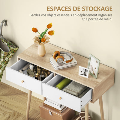 Table console avec 2 tiroirs et pieds en bois, pour salon, entrée, couloir, 86 x 35 x 75 cm, chêne et blanc
