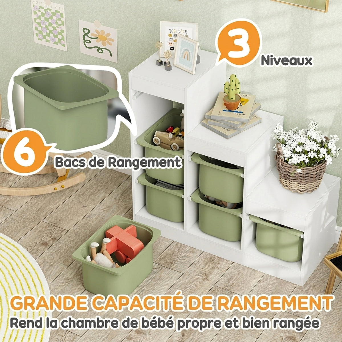 Meuble de rangement pour jouets des enfants avec 6 bacs amovibles, 3 niveaux de rangement, 96 x 38,5 x 90, vert