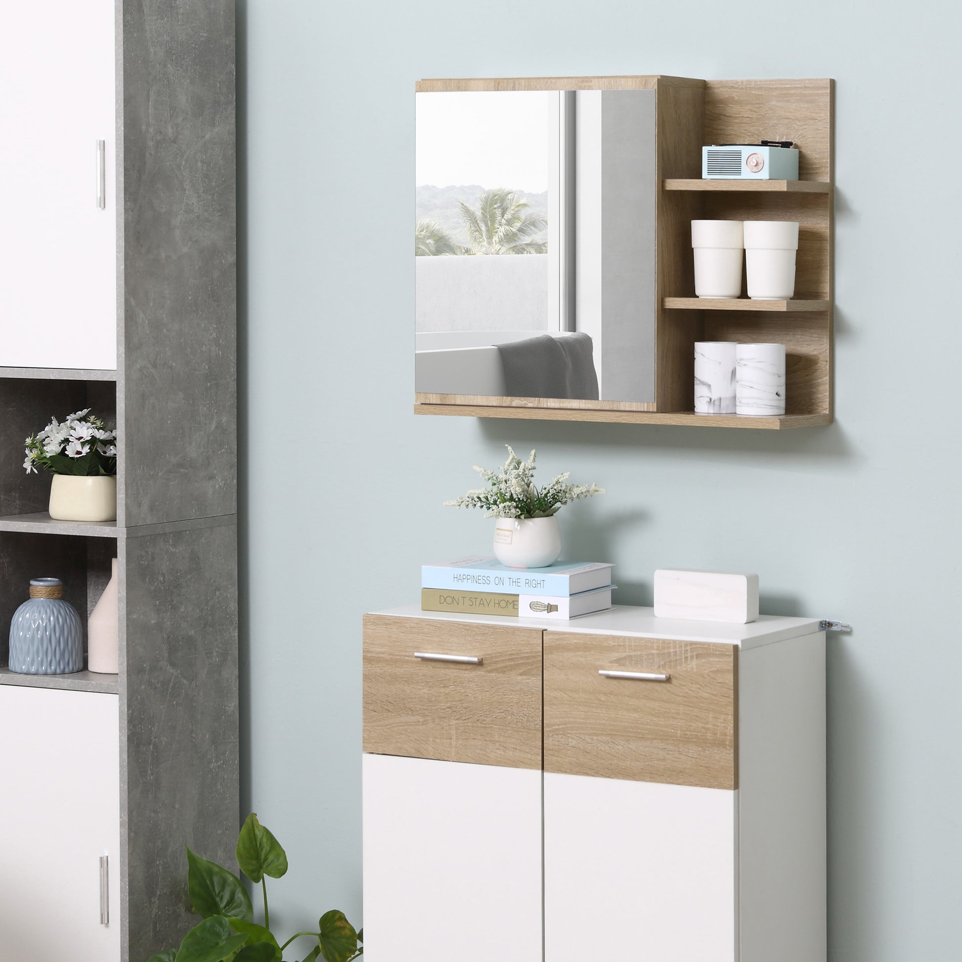 Armoire Miroir de Salle de Bain avec étagère - 3 étagères latérales - kit Installation Murale fourni - Panneaux Particules Aspect chêne Clair