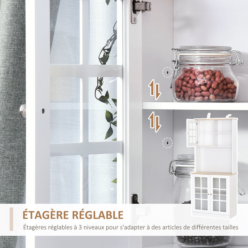 Buffet cuisine, meuble cuisine rangement haut, meuble de rangement avec plan de travail, 3 portes vitrées, 2