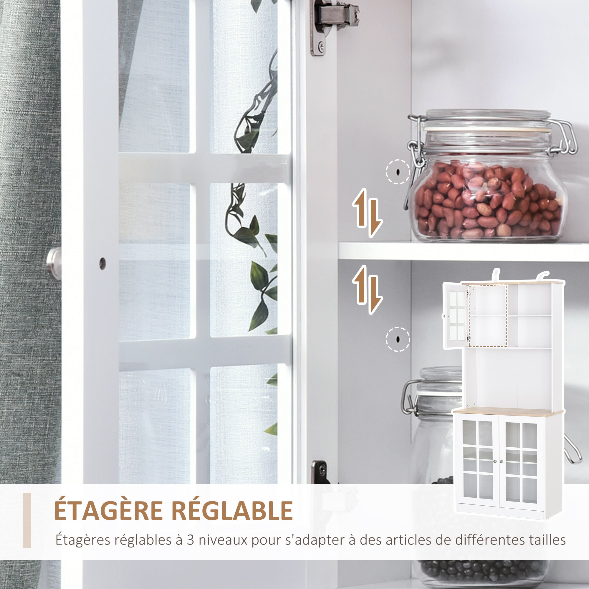 Buffet cuisine, meuble cuisine rangement haut, meuble de rangement avec plan de travail, 3 portes vitrées, 2