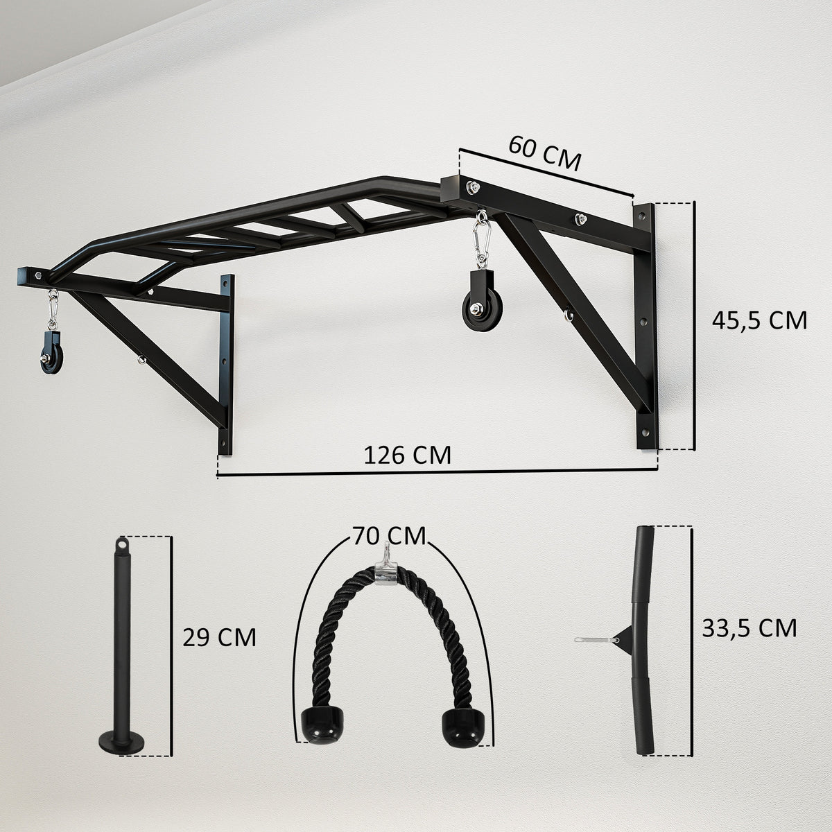 Barre de traction murale barre de fitness multi-prise système de poulie à câble charge 200kg, acier 126x60x45,5cm, noir