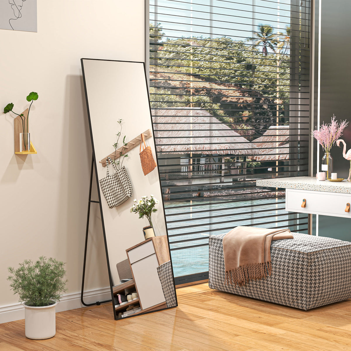 Grand miroir pleine longueur rectangulaire, 50 x 160 cm, miroir sur pied, mural ou pocé contre mur, noir