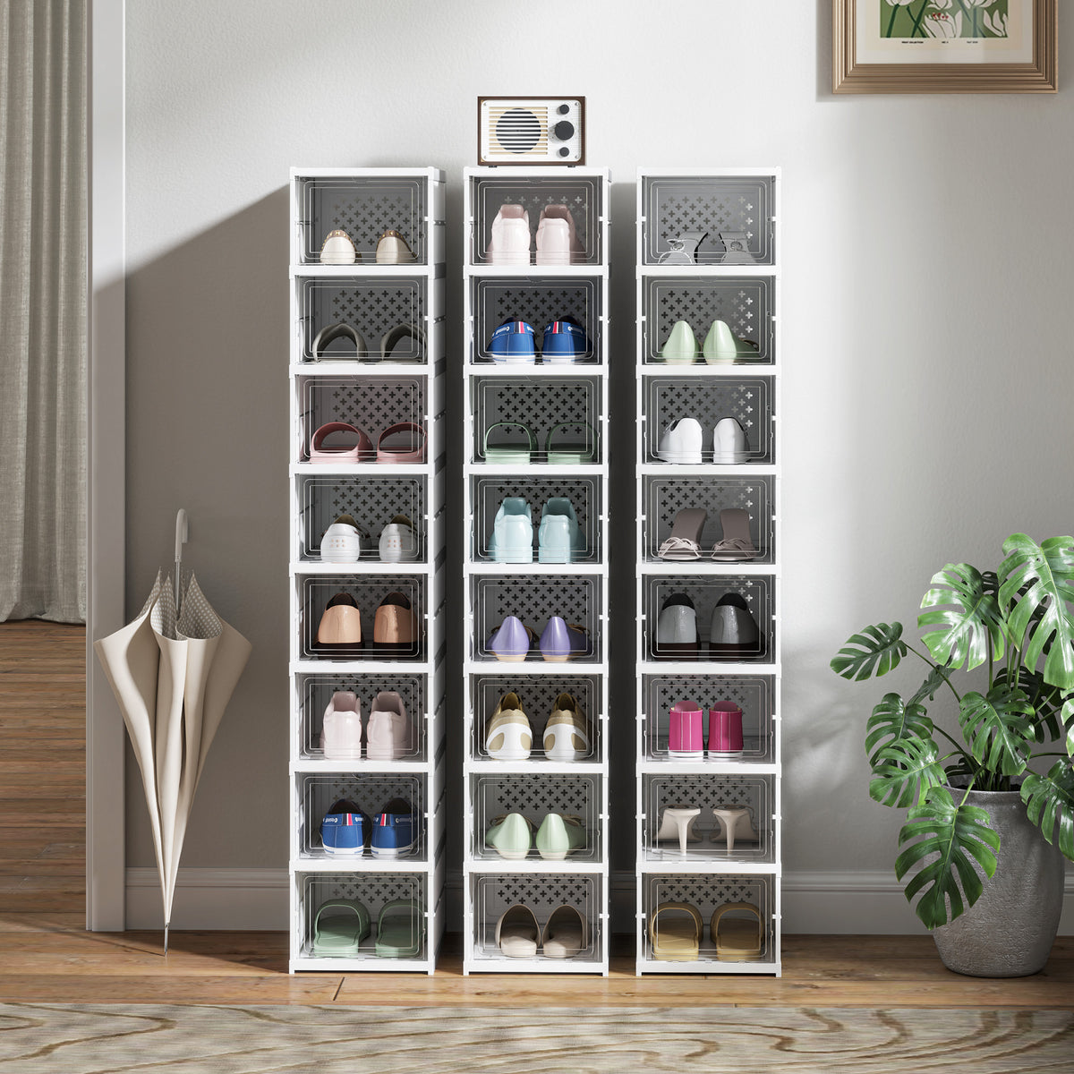 Lot de 8 boîtes à chaussures pliables en plastique empilables avec couvercles, pour pointure jusqu'à 43, blanc