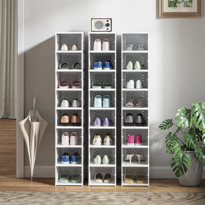 Lot de 8 boîtes à chaussures pliables en plastique empilables avec couvercles, pour pointure jusqu'à 43, blanc