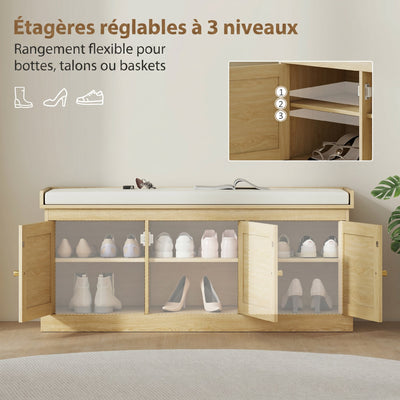 Banc chaussures entrée 9 paires, banc de rangement, 3 portes en rotin, coussin et étagère réglable, 105x35x47cm, chêne