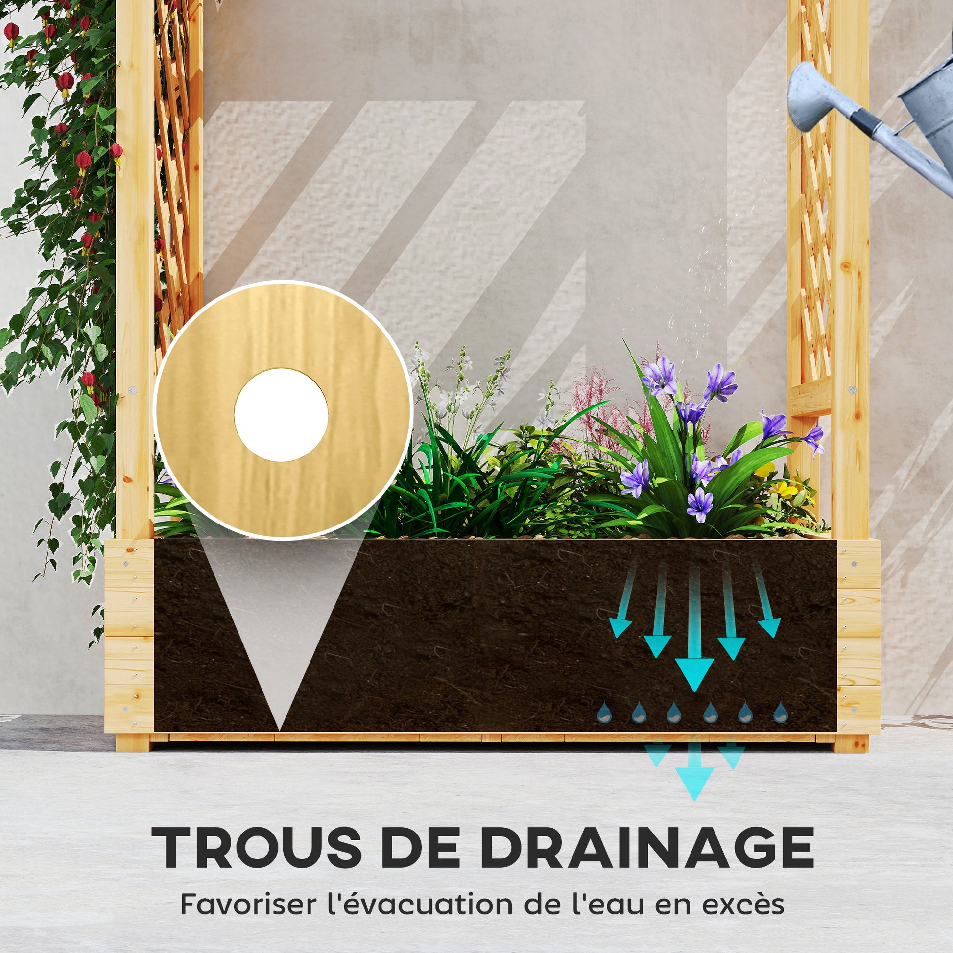 Jardinière surélevée avec treillis latéral et supérieur, bac à fleurs trous de drainage, 110x44x113cm, bois naturel
