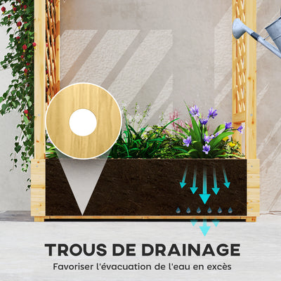 Jardinière surélevée avec treillis latéral et supérieur, bac à fleurs trous de drainage, 110x44x113cm, bois naturel