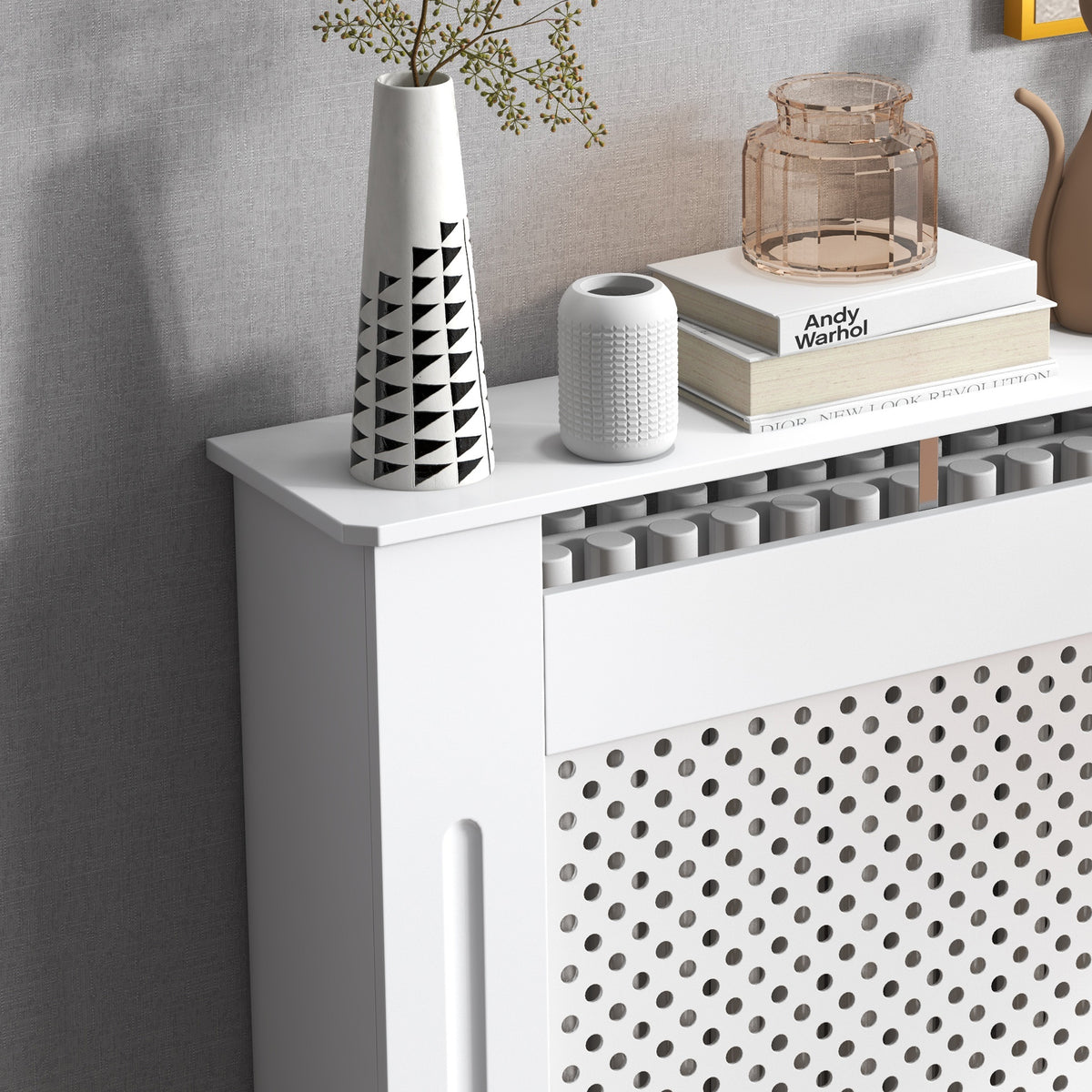 Cache-radiateur, couvercle de radiateur, couverture radiateur, grille ronde, 78L x 19l x 82H cm en bois blanc
