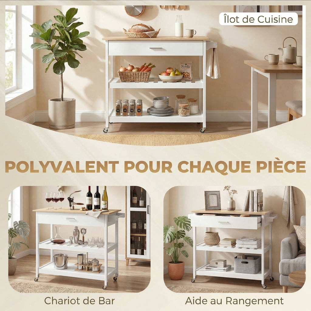 Desserte de cuisine à roulettes, îlot central cuisine avec plan de travail, tiroir, étagères, porte-serviettes, blanc
