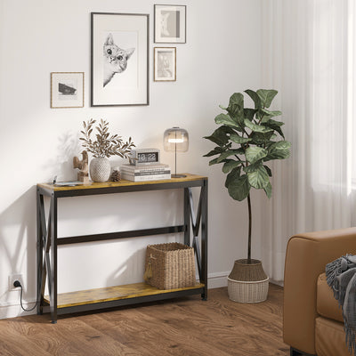 Console meuble étroite à 2 niveaux style industriel avec prises de courant et USB, 100 x 24 x 75 cm, marron