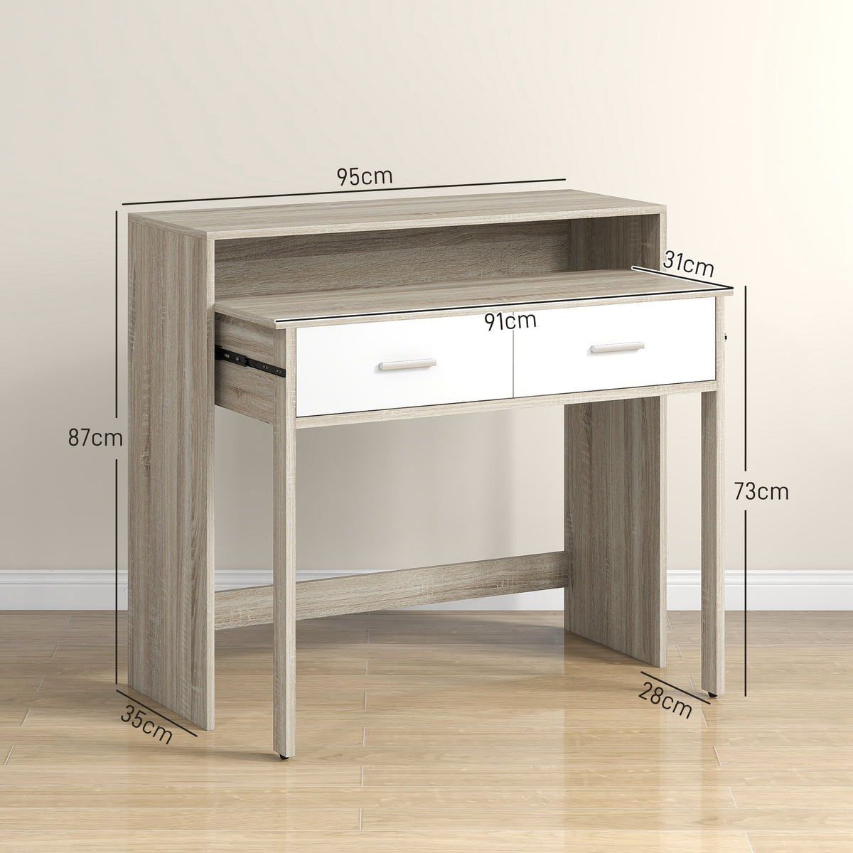 Table console avec plateau coulissant et 2 tiroirs, table de couloir avec rangement, 95l x 35P x 87H cm, aspect chêne