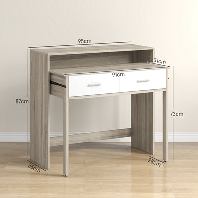 Table console avec plateau coulissant et 2 tiroirs, table de couloir avec rangement, 95l x 35P x 87H cm, aspect chêne