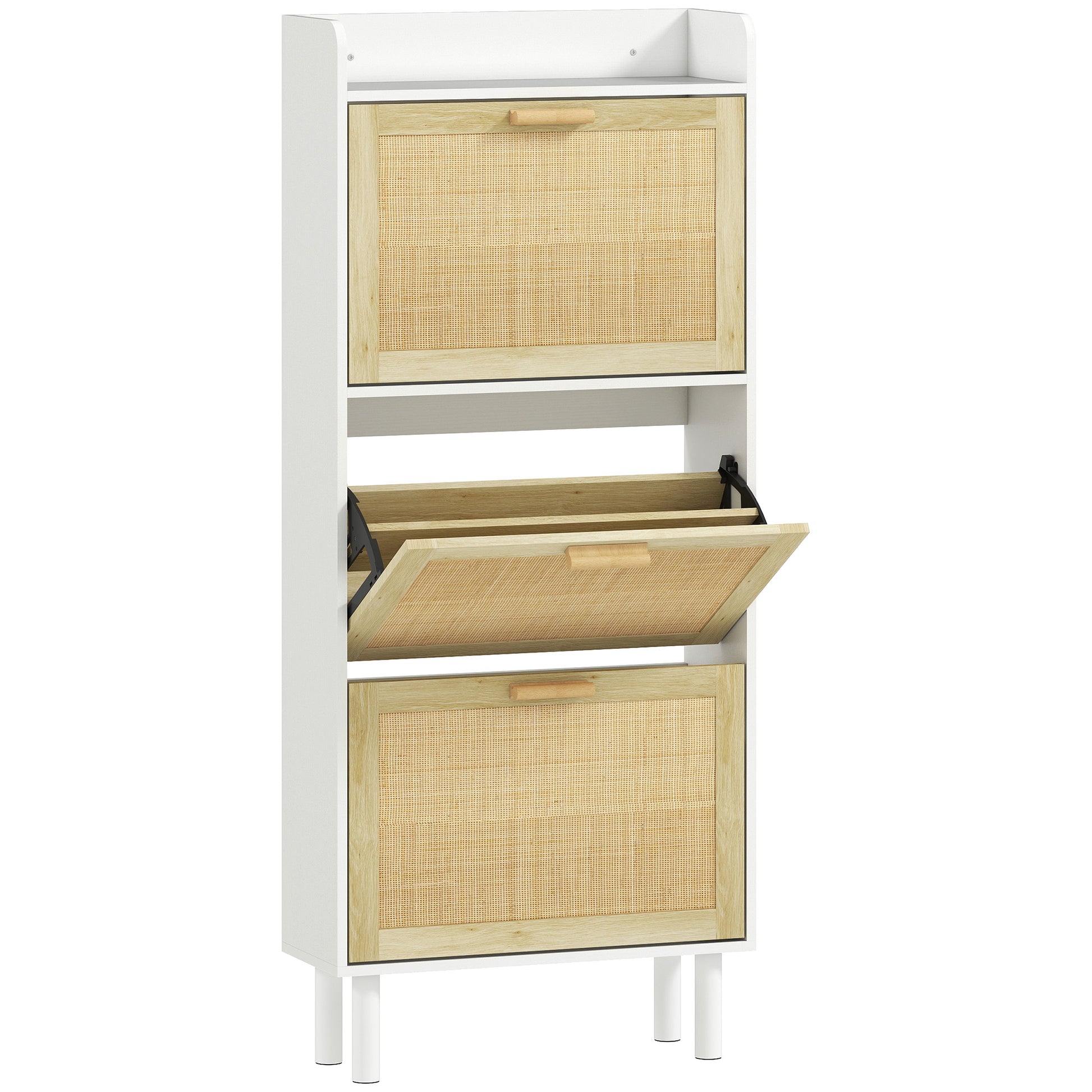 Meuble à chaussures 3 portes abattants étagère effet résine tressée design bohème 65 x 24,5 x 153 cm blanc