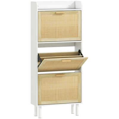 Meuble à chaussures 3 portes abattants étagère effet résine tressée design bohème 65 x 24,5 x 153 cm blanc