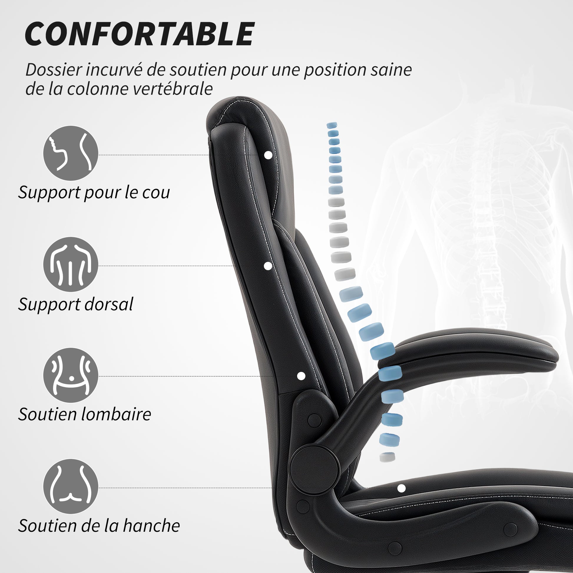 Fauteuil de bureau, chaise bureau ergonomique avec accoudoirs relevables, hauteur réglable, fonction de bascule, noir