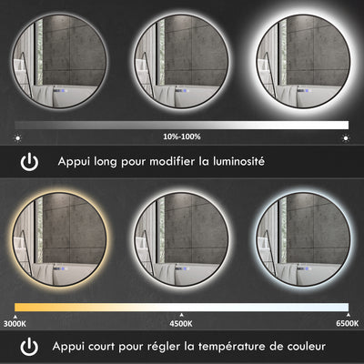 Miroir de salle de bain rond avec éclairage LED, intensité variable, fonction anti-buée, interrupteur tactile, noir