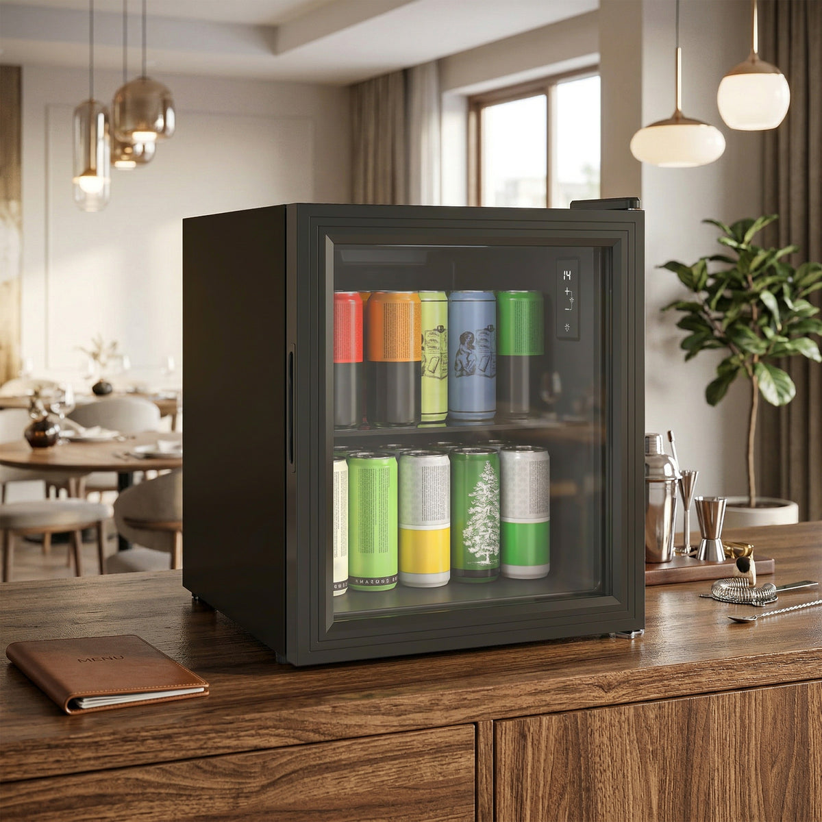 Réfrigérateur à boissons 46L 59 canettes, mini frigo silencieux pose libre avec porte en verre trempé double, noir