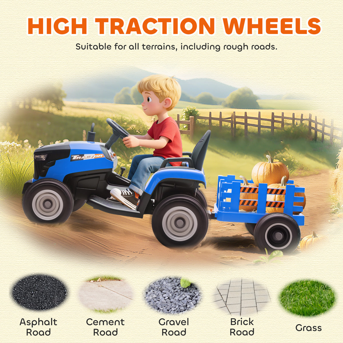 Tracteur électrique enfants avec remorque amovible, voiture électrique enfants, télécommande 2,4G, 139x58x55cm, bleu