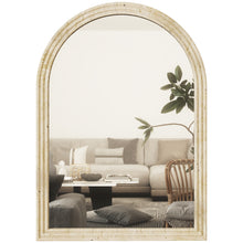 Miroir mural arqué, miroir moderne avec bord rainuré et crochets, verre trempé et polystyrène, 50 x 70 cm, beige