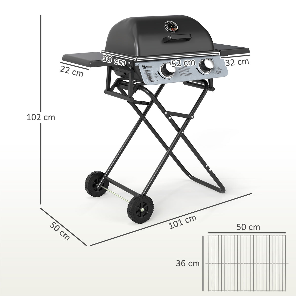 Barbecue gaz transportable, 2 brûleurs 5,6 kW, barbecue gaz de camping avec étagères latérales thermomètre et roues, noir