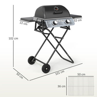 Barbecue gaz transportable, 2 brûleurs 5,6 kW, barbecue gaz de camping avec étagères latérales thermomètre et roues, noir
