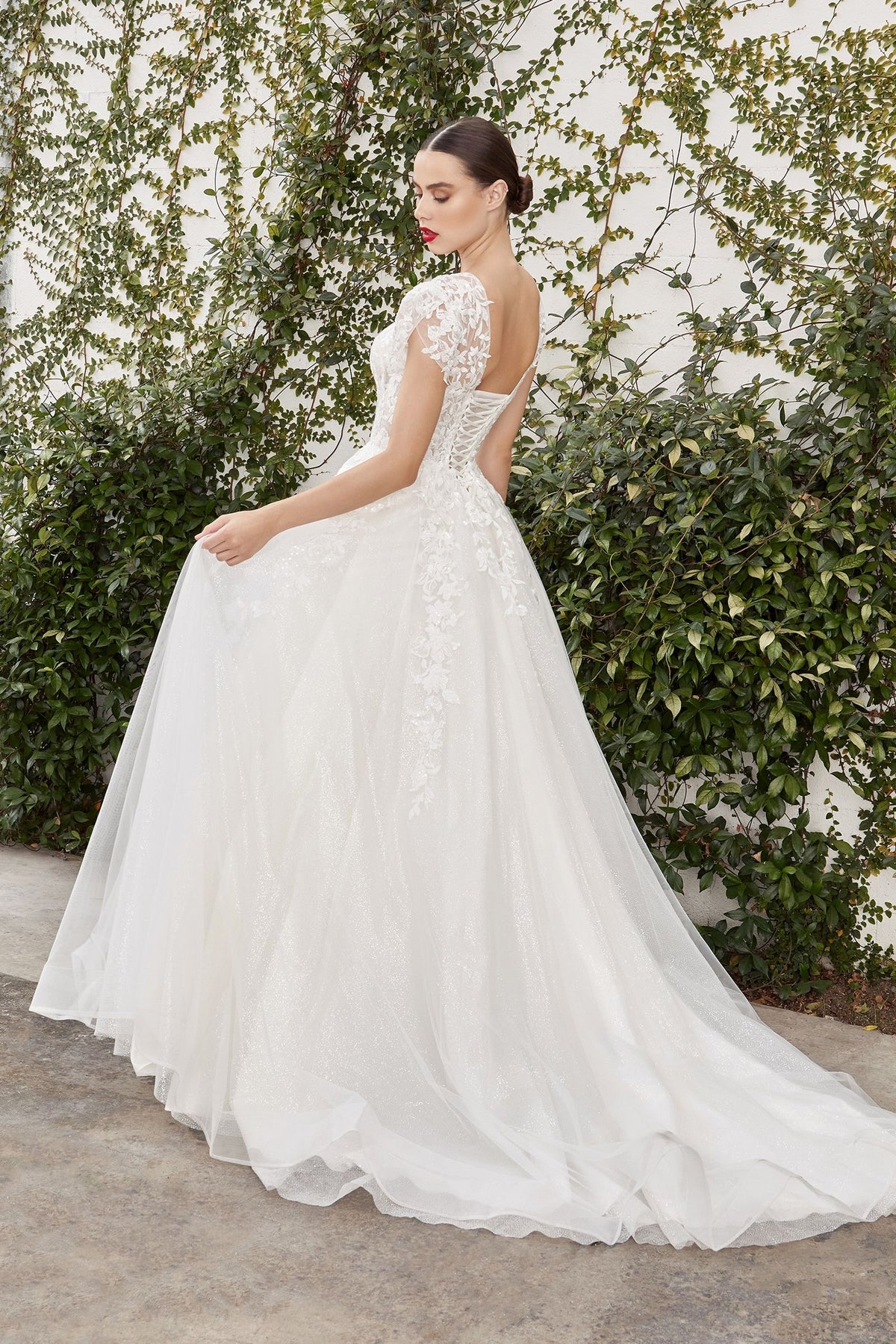 Sofian Vintage Short Sleeve Embroidered Bodice Floral Deep V-neck Wedding Dress CDA1082W
