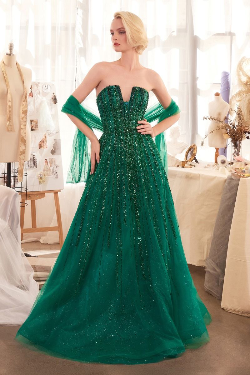 Emerald, Gold & Paris Blue Strapless Glitter Tulle Ball Gown with Sheer Bodice CDA1369