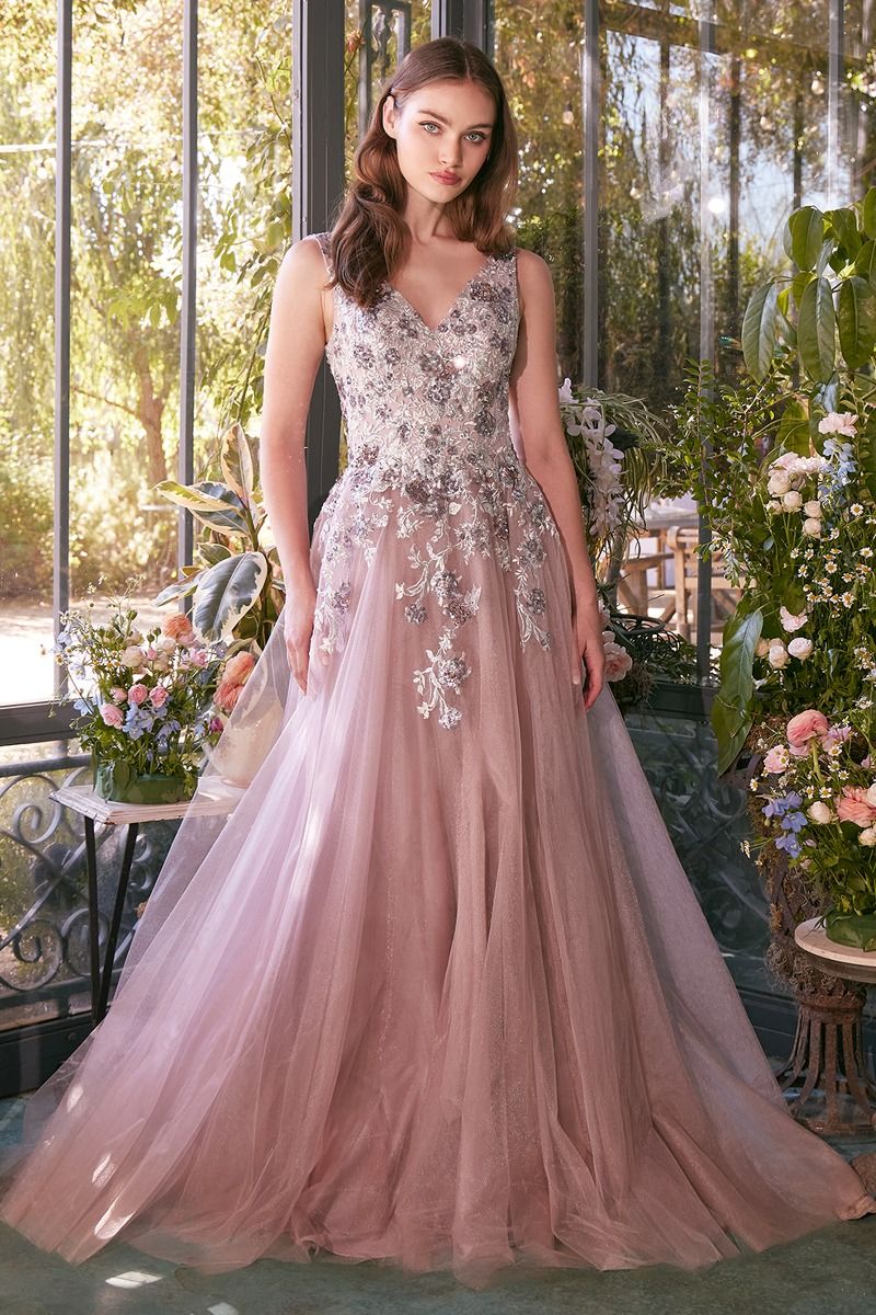 SEQUIN BOUQUET V-NECK GOWN CDA1401