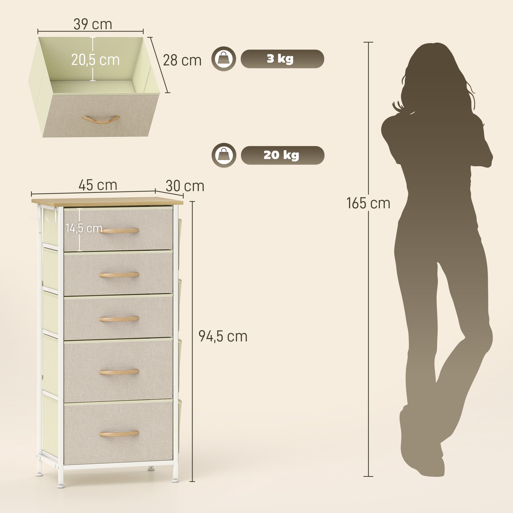 Commode 5 tiroirs en tissu, meuble de rangement avec 4 poches, 2 crochets, structure en acier, 45 x 30 x 94,5 cm, beige