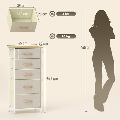 Commode 5 tiroirs en tissu, meuble de rangement avec 4 poches, 2 crochets, structure en acier, 45 x 30 x 94,5 cm, beige