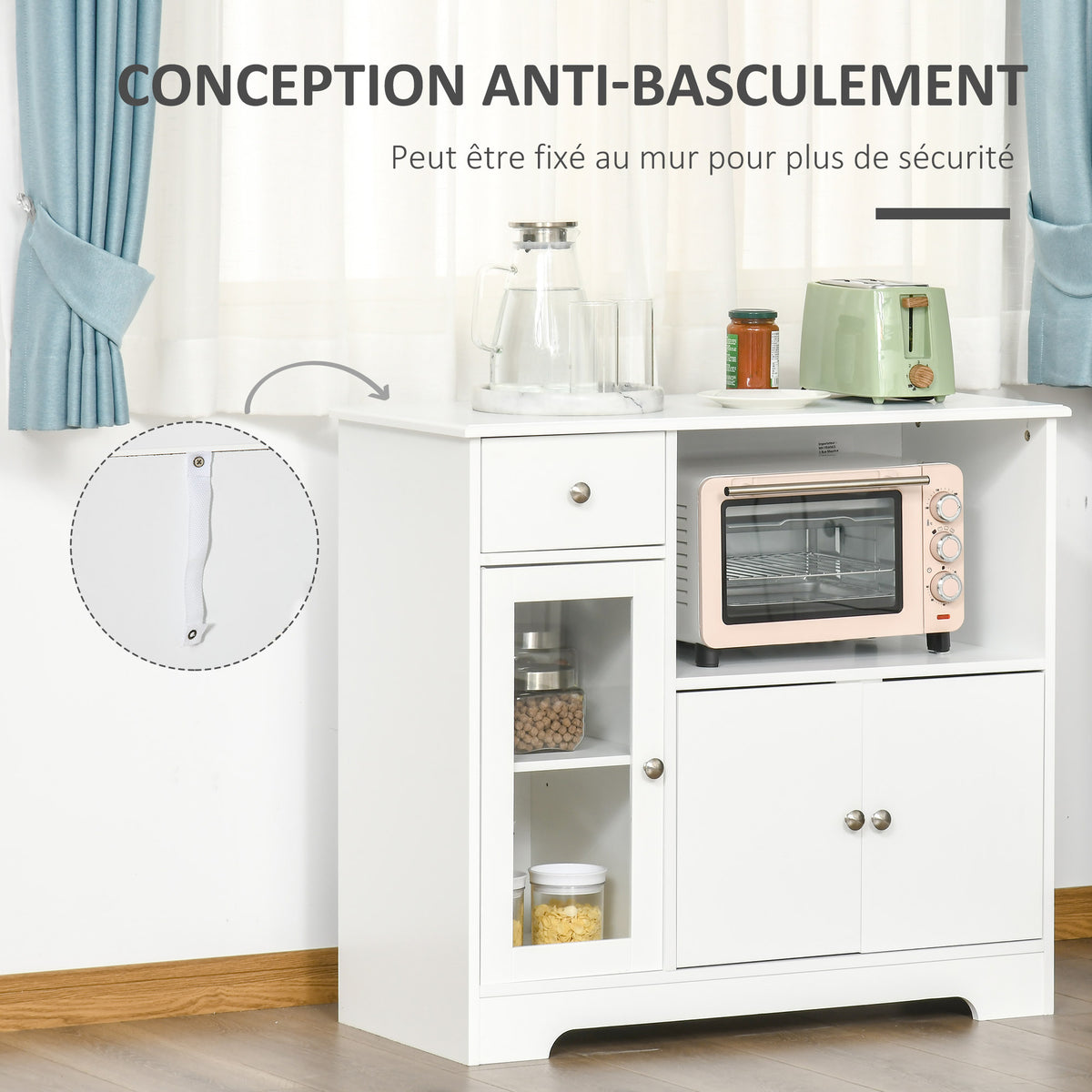 Meuble micro-ondes, buffet cuisine, armoire de rangement, pour cuisine, salle à Manger 90 x 40 x 82 cm verre trempé et bois, blanc