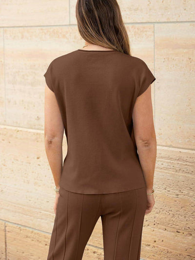 Round Neck Cap Sleeve Top and Pants Knit Set for Women