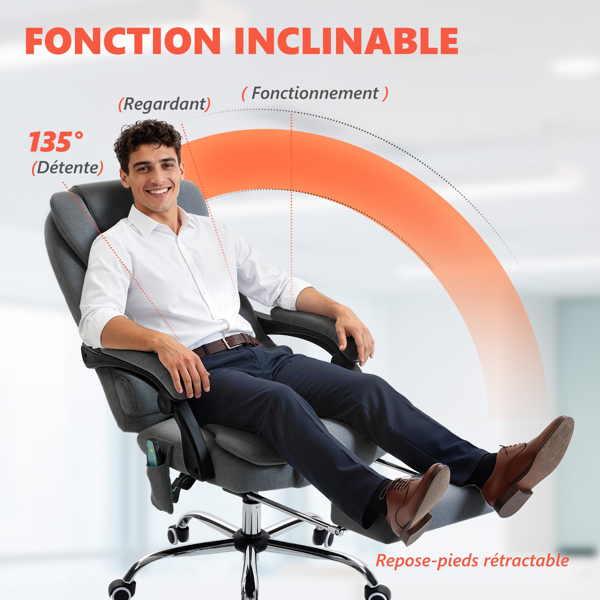 Fauteuil de bureau massant et chauffant, chaise de bureau, hauteur réglable, dossier inclinable, 65x70x111-119cm, gris