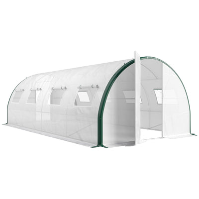 Serre tunnel de jardin 18m², serre de jardin tunnel avec portes et 8 fenêtres, bâche PE 140g/m² 600 x 300 x 200 cm blanc