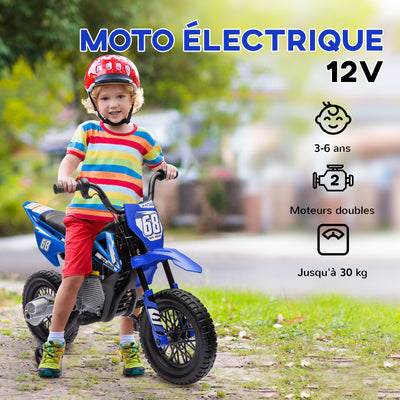 Moto électrique pour enfant moto cross pour enfants de 3 à 6 ans 2 moteurs 12V vitesse 5 km/h 109,5x60x72,5cm bleu