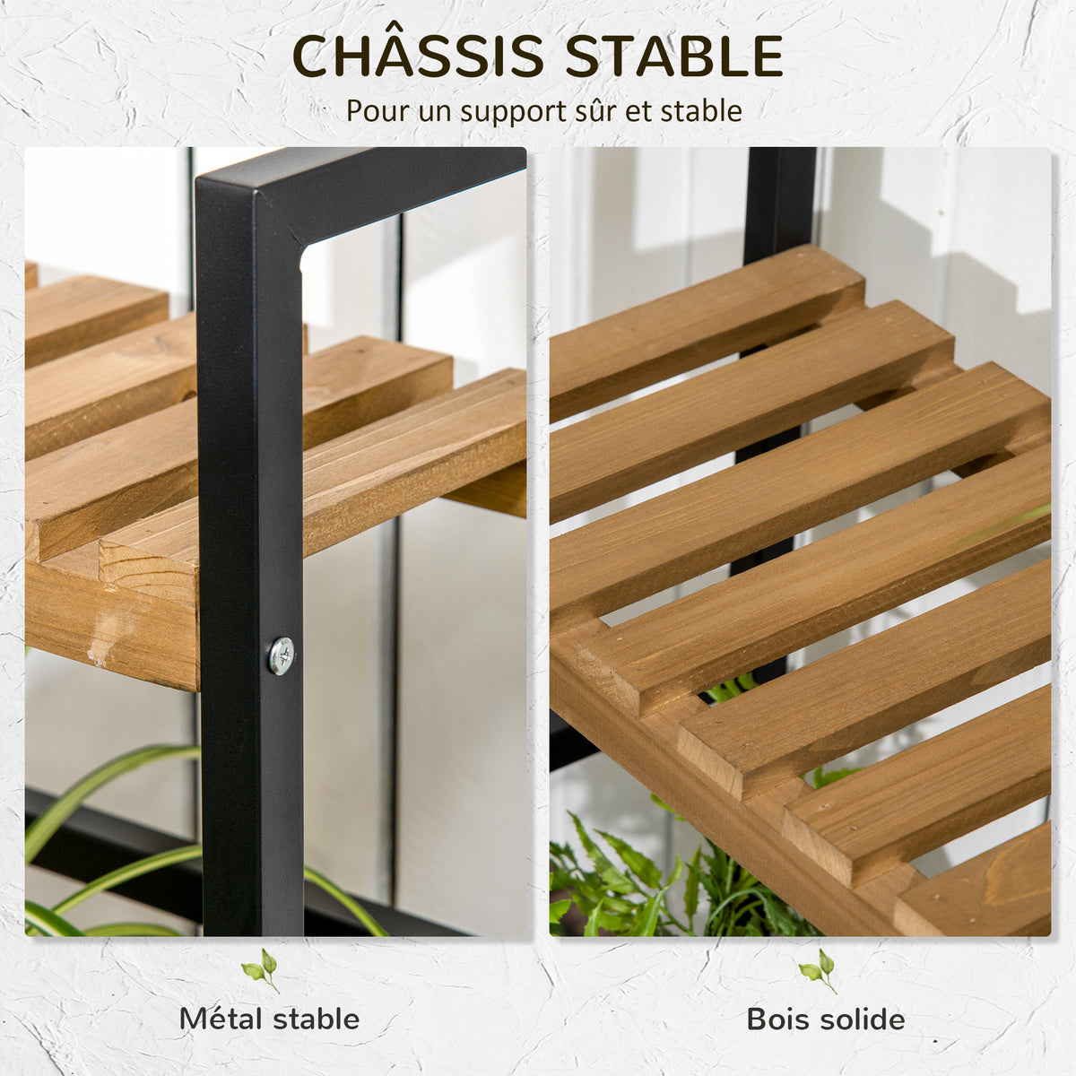 Porte plante suspendue en bois 3 niveaux + barre support avec 4 crochets pour pots suspendus 80 x 36 x 174 cm