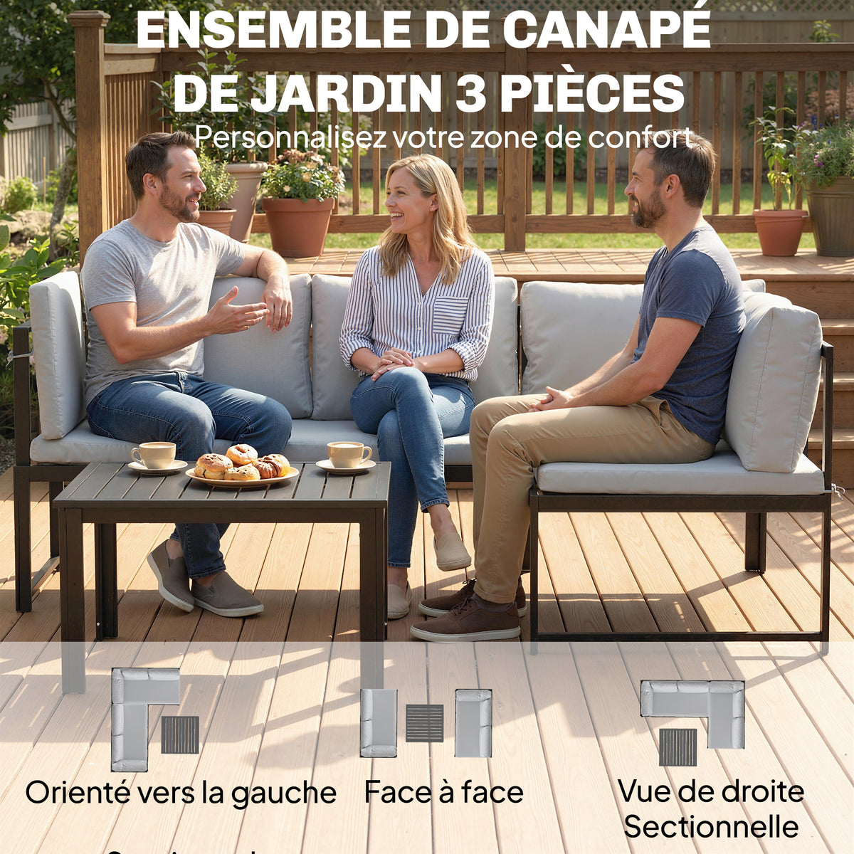 Salon de Jardin Mobilier de Terrasse 3 Pièces 4 Places Modulable avec Accoudoir Réglable Coussins Épais 16cm Gris