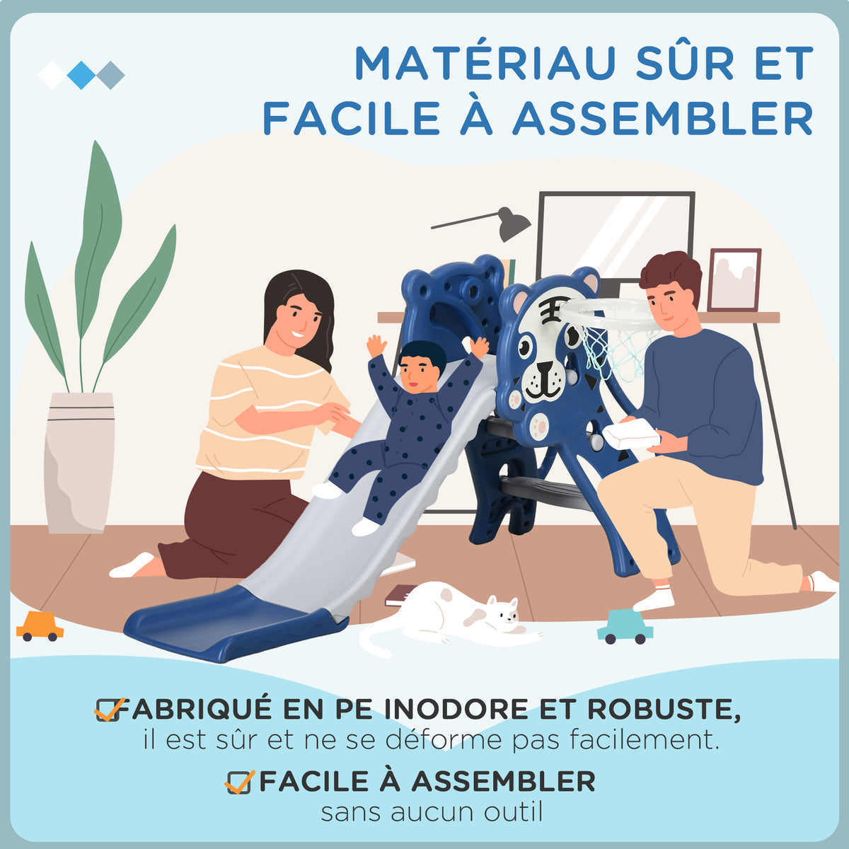 Toboggan pour enfants, toboggan intérieur pour enfants, avec panier de basket, thème tigre, de 18 à 36 mois, bleu