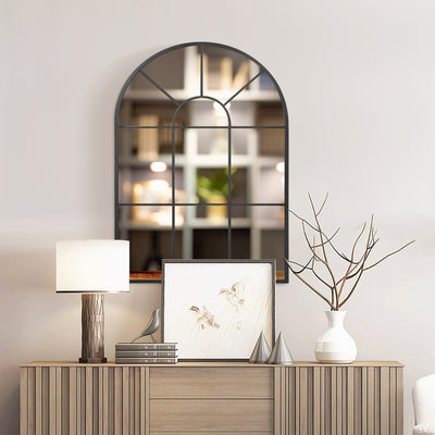 Miroir mural arqué 91 x 60 cm, miroir verrière arche style industriel, miroir de fenêtre arqué avec cadre métallique, pour salon, chambre, couloir, noir