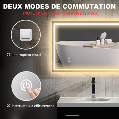Miroir salle de bain éclairage LED miroir lumineux salle de bain mural interrupteur tactile lumière 3 couleurs 100 x 60 cm
