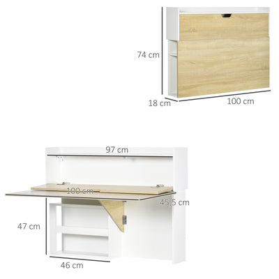 Bureau pliable mural avec étagères de rangement et placard, bureau rabattable, 100 x 18 x 74 cm effet bois naturel