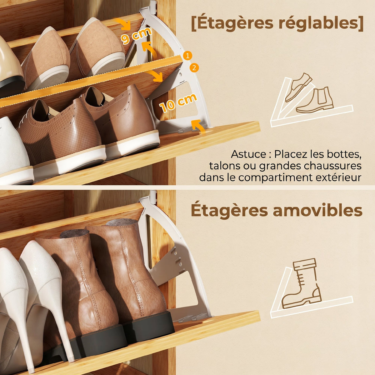 Meuble à chaussures 14 paires, armoire à chaussures 2 tiroirs rabattables, étagères réglables, 69x29x83cm, bois naturel