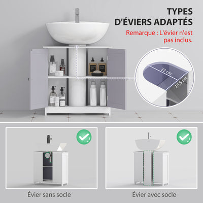 Meuble salle de bain sous lavabo - meuble sous-vasque - placard 2 portes avec étagère - dim. 60L x 30l x 60H cm - en bois gris blanc