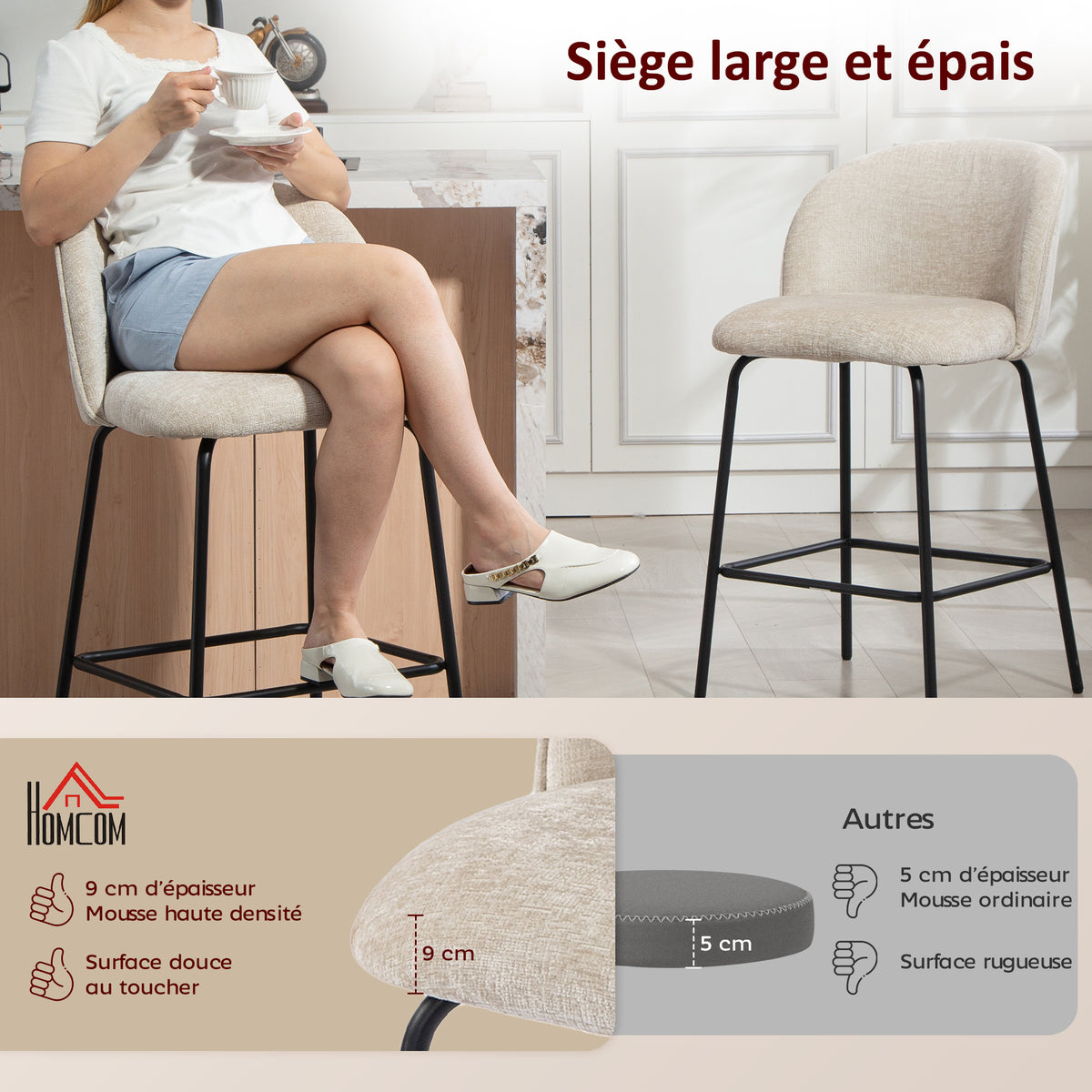 Lot de 2 tabourets de bar, chaises de bar avec repose-pieds et dossier, tissu en chenille, hauteur d'assise 68 cm, beige