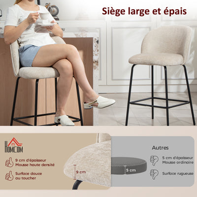 Lot de 2 tabourets de bar, chaises de bar avec repose-pieds et dossier, tissu en chenille, hauteur d'assise 68 cm, beige