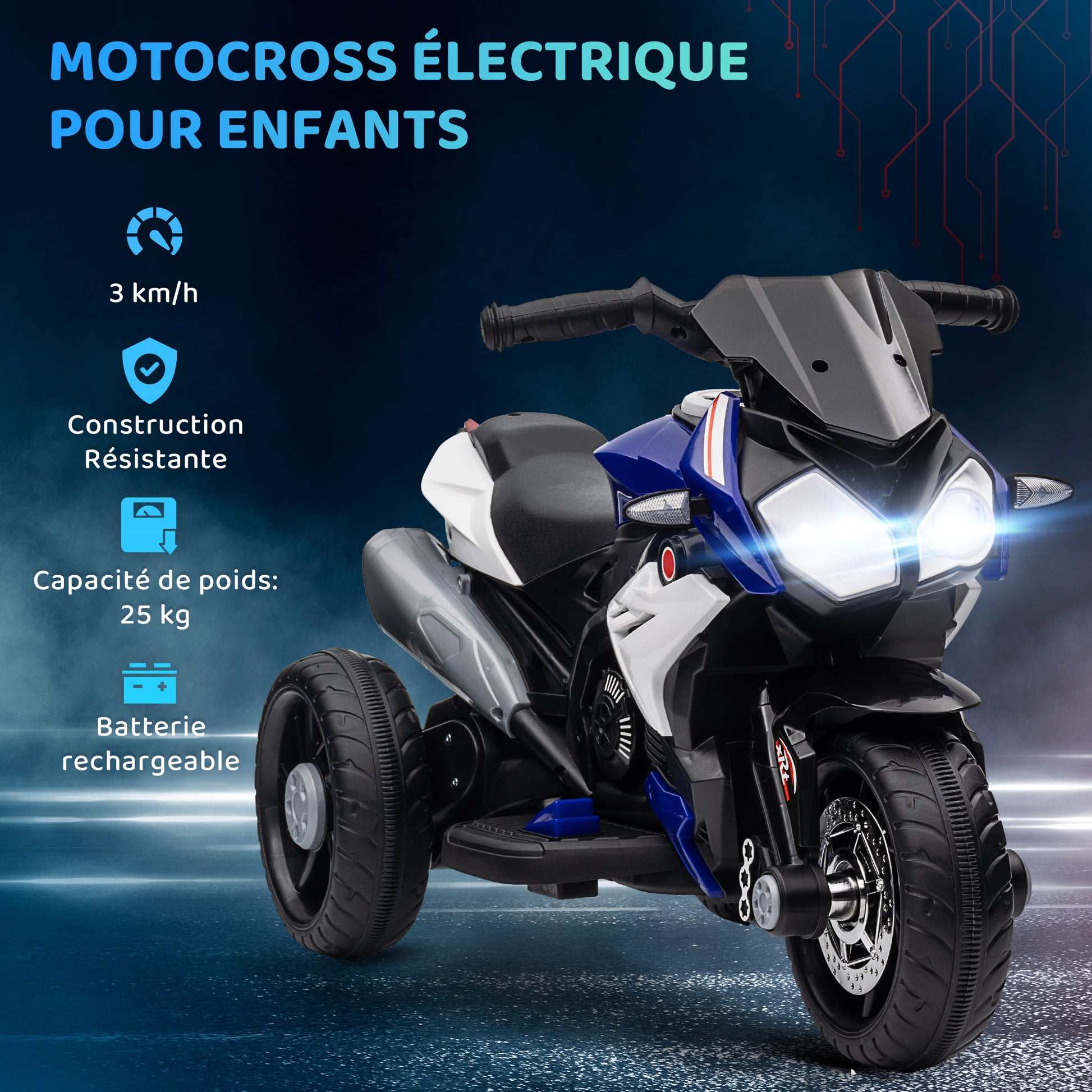 Moto électrique enfants 3 roues 6 V, voiture électrique enfants 3 à 5 ans, effets lumineux et sonores, 86x42x52cm, bleu